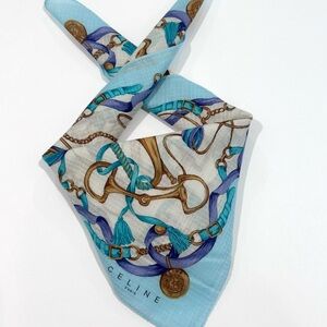 WOMEN HANDKERCHIEF CELINE Gold Chain Blue BANDANA COTTON POCKET SQUARE 18”